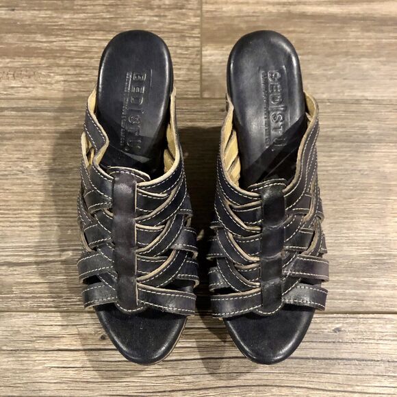 Bed Stu Gina Wedge 6 Black Leather Brown Wood Platform Strappy Sandal Mexico - Picture 2 of 11